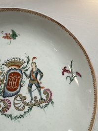 Two Chinese export famille rose plates and three gilt blue-enamelled plates, Qianlong/Jiajing