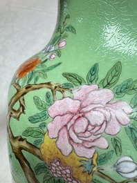 A Chinese famille rose sgraffiato lime-green-ground 'Birds among Flowering Branches' vase, Qianlong mark, 19th C.
