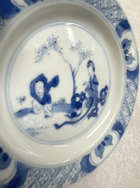12 Chinese blue and white saucers with figural design, lingzhi and Chenghua marks, Kangxi