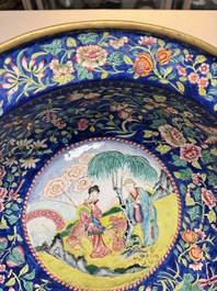 A large Chinese Canton enamel basin and jug with narrative design, early 19th C.