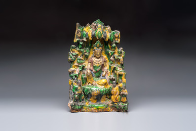A large Chinese sancai-glazed Buddhist grotto with Guanyin and attendants, Ming
