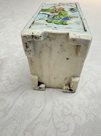 A Chinese famille rose relief-moulded rectangular brush pot with figural design, Yongzheng