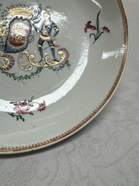 Two Chinese export famille rose plates and three gilt blue-enamelled plates, Qianlong/Jiajing
