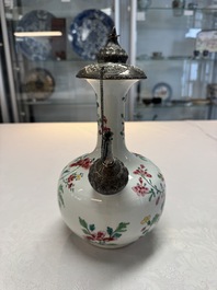 A silver-mounted Chinese famille rose kendi with floral design, Qianlong