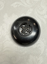 A Chinese blue and white ovoid 'Antiquities' jar with a wooden cover, Kangxi