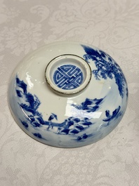A pair of Chinese blue and white 'Bleu de Hue' covered bowls with landscape design, Phong Vu Quy Chu 風雨歸舟 marks, 19th C.