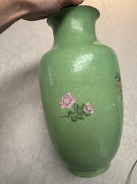 A Chinese famille rose sgraffiato lime-green-ground 'Birds among Flowering Branches' vase, Qianlong mark, 19th C.
