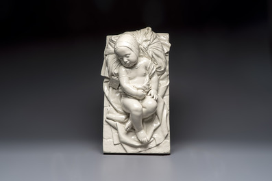 Joseph Ducaju (Antwerp, 1823-1891): a white glazed 'Under God's Protection' group, signed, 19th C.