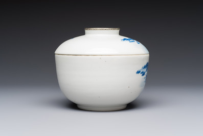 A pair of Chinese blue and white 'Bleu de Hue' covered bowls with landscape design, Phong Vu Quy Chu 風雨歸舟 marks, 19th C.