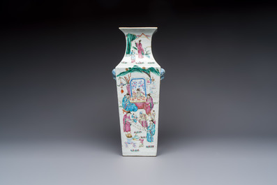A Chinese famille rose square vase with narrative design, 19th C.