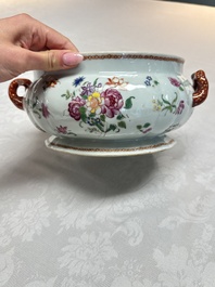 A Chinese famille rose covered tureen and stand with floral design, Qianlong