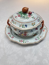 A Chinese famille rose covered tureen and stand with floral design, Qianlong