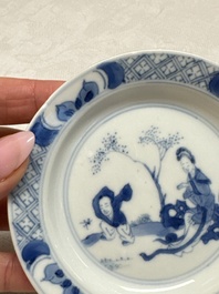 12 Chinese blue and white saucers with figural design, lingzhi and Chenghua marks, Kangxi