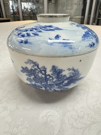 A pair of Chinese blue and white 'Bleu de Hue' covered bowls with landscape design, Phong Vu Quy Chu 風雨歸舟 marks, 19th C.