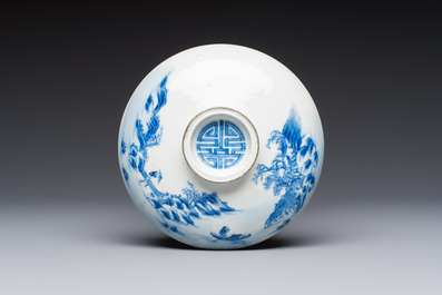 A pair of Chinese blue and white 'Bleu de Hue' covered bowls with landscape design, Phong Vu Quy Chu 風雨歸舟 marks, 19th C.