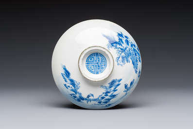 A pair of Chinese blue and white 'Bleu de Hue' covered bowls with landscape design, Phong Vu Quy Chu 風雨歸舟 marks, 19th C.