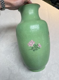 A Chinese famille rose sgraffiato lime-green-ground 'Birds among Flowering Branches' vase, Qianlong mark, 19th C.