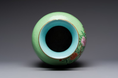 A Chinese famille rose sgraffiato lime-green-ground 'Birds among Flowering Branches' vase, Qianlong mark, 19th C.