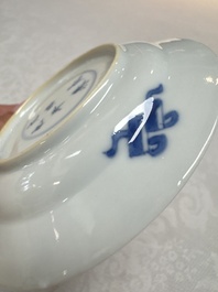 12 Chinese blue and white saucers with figural design, lingzhi and Chenghua marks, Kangxi