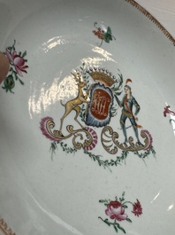 Two Chinese export famille rose plates and three gilt blue-enamelled plates, Qianlong/Jiajing