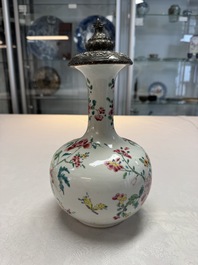 A silver-mounted Chinese famille rose kendi with floral design, Qianlong