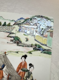 A Chinese famille verte 'Rice and Silk Production' plaque, 19th C.