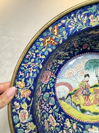 A large Chinese Canton enamel basin and jug with narrative design, early 19th C.