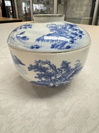 A pair of Chinese blue and white 'Bleu de Hue' covered bowls with landscape design, Phong Vu Quy Chu 風雨歸舟 marks, 19th C.