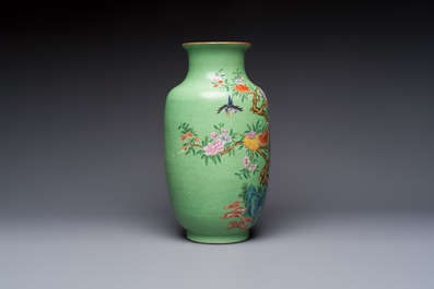 A Chinese famille rose sgraffiato lime-green-ground 'Birds among Flowering Branches' vase, Qianlong mark, 19th C.