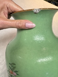 A Chinese famille rose sgraffiato lime-green-ground 'Birds among Flowering Branches' vase, Qianlong mark, 19th C.
