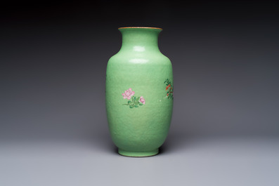 A Chinese famille rose sgraffiato lime-green-ground 'Birds among Flowering Branches' vase, Qianlong mark, 19th C.