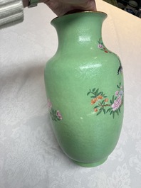 A Chinese famille rose sgraffiato lime-green-ground 'Birds among Flowering Branches' vase, Qianlong mark, 19th C.