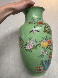 A Chinese famille rose sgraffiato lime-green-ground 'Birds among Flowering Branches' vase, Qianlong mark, 19th C.