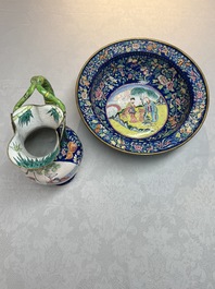 A large Chinese Canton enamel basin and jug with narrative design, early 19th C.