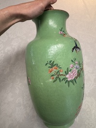 A Chinese famille rose sgraffiato lime-green-ground 'Birds among Flowering Branches' vase, Qianlong mark, 19th C.