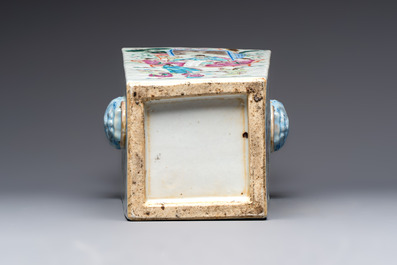 A Chinese famille rose square vase with narrative design, 19th C.