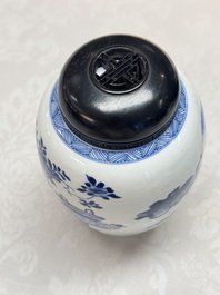 A Chinese blue and white ovoid 'Antiquities' jar with a wooden cover, Kangxi