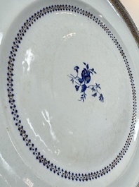 Two Chinese export famille rose plates and three gilt blue-enamelled plates, Qianlong/Jiajing