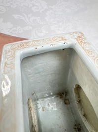 A Chinese famille rose relief-moulded rectangular brush pot with figural design, Yongzheng