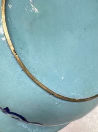 A large Chinese Canton enamel basin and jug with narrative design, early 19th C.