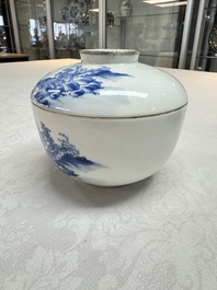 A pair of Chinese blue and white 'Bleu de Hue' covered bowls with landscape design, Phong Vu Quy Chu 風雨歸舟 marks, 19th C.