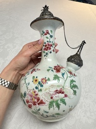 A silver-mounted Chinese famille rose kendi with floral design, Qianlong