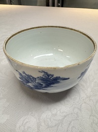 A pair of Chinese blue and white 'Bleu de Hue' covered bowls with landscape design, Phong Vu Quy Chu 風雨歸舟 marks, 19th C.