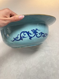 A large Chinese Canton enamel basin and jug with narrative design, early 19th C.
