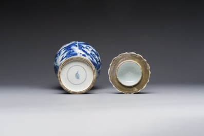 A Chinese blue and white covered vase with figures in landscapes, Kangxi