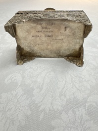 A silver inscribed filigree casket, probably Dutch East Indies, 19/20th C.