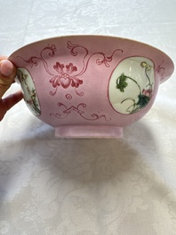 Three Chinese famille rose pink-ground bowls with floral design, Qianlong mark and of the period