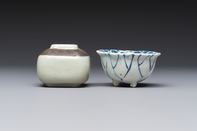 A Chinese Nanking water pot, a blue and white brush pot, a jarlet and a trick cup, Ming and later