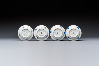 12 Chinese blue and white saucers with figural design, lingzhi and Chenghua marks, Kangxi