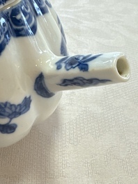 A Chinese blue and white tea caddy, a teapot and an Imari-style teapot, Kangxi/Yongzheng